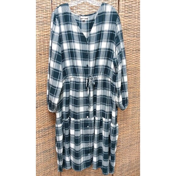 Knox Rose 3x Plaid Dress Midi Green White Button Up Cottage Core Prairie Pockets - Picture 1 of 8